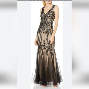 Betsy & Adam Black Lace Appliqué Nude Illusion Mermaid Gown